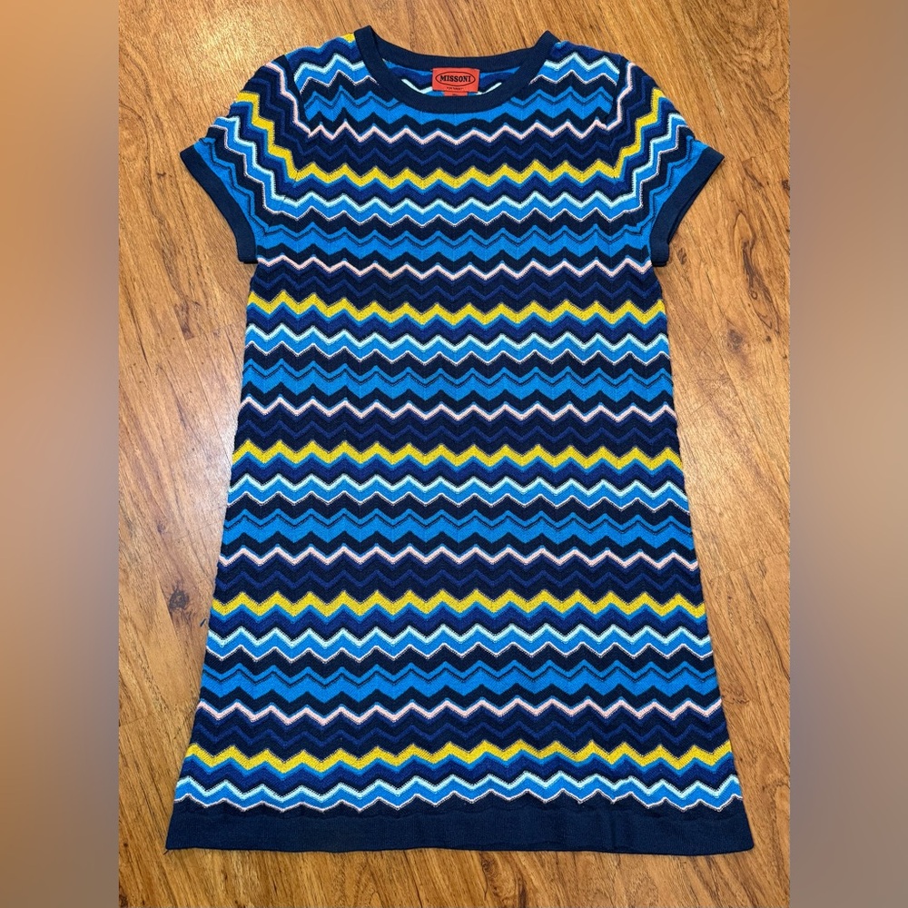 Missoni Dress Blue & Yellow Knit Sweater Women's Sz M Coogi Style Authentic
